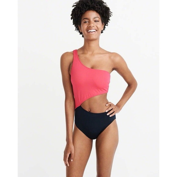 Abercrombie & Fitch One-Shoulder Pink & Navy Cutout One Piece Swimsuit - Picture 1 of 5